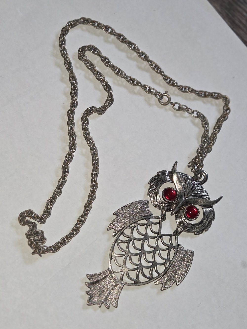Silver-Tone Owl Pendant Necklace with Red Gem Eyes